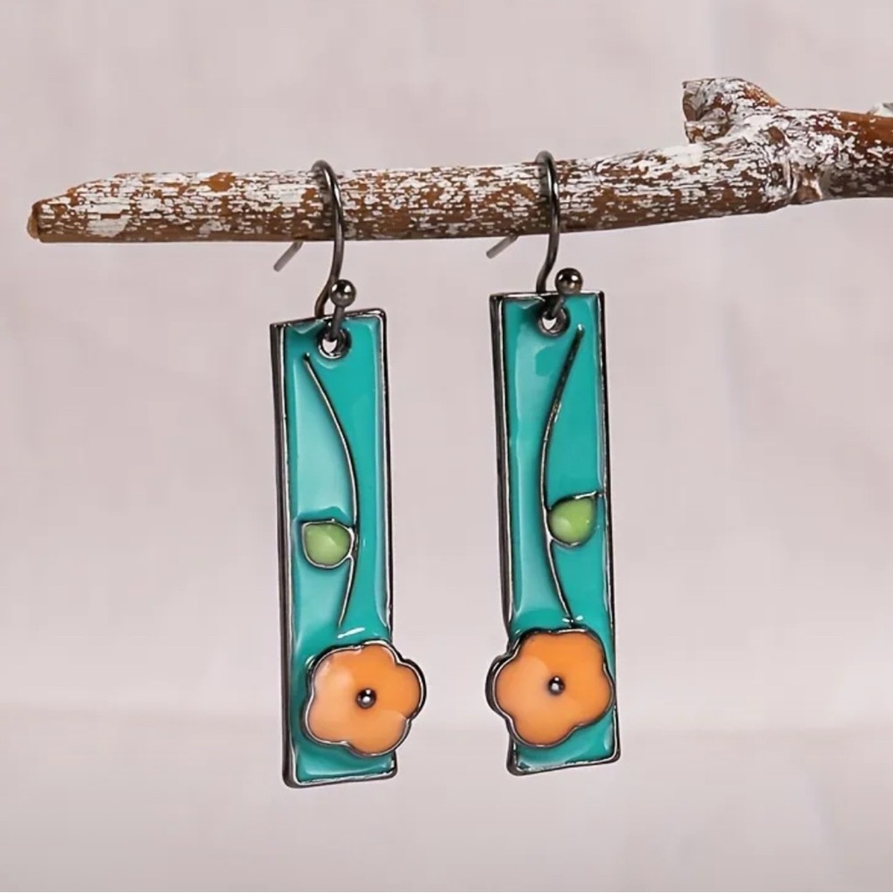 Artistic Blue and Orange Enamel Dangle Earrings - small